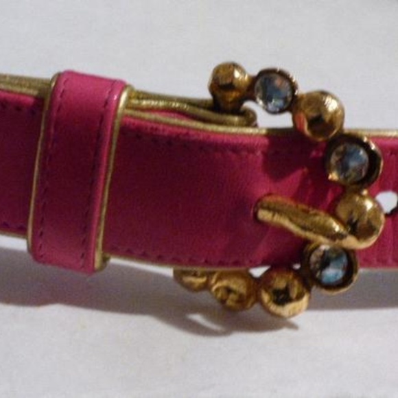 Emanuel Ungaro Hot Pink Leather Gold Piping Belt